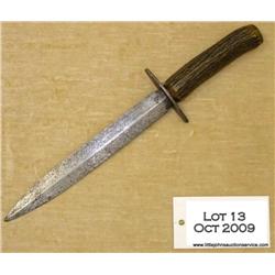 Large hand-made spear point bowie knife with stag  grip, approx. 13-1/2” overall with a steel cross 