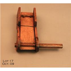 Handmade wood battle rattle, approx. 11” X 5” in  working order and appears to be circa 1860’s; in  