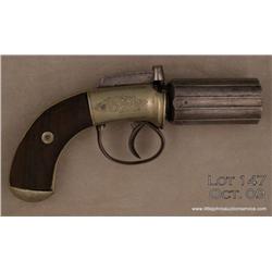 English Hill & Son percussion six-shot pepperbox  pistol, .36 cal., 3” barrels, bar hammer,   engrav