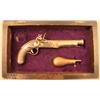 Image 1 : Cased silver miniature of a cannon barreled  flintlock pistol, approx. 5-1/2” overall, in  overall f