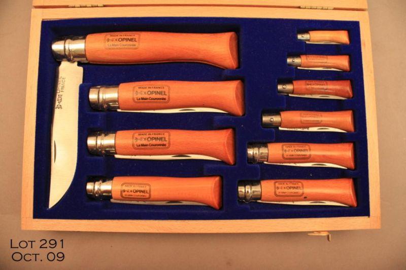 Cased set of 10 OPINEL French folding knives in 10 different sizes