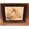 Image 1 : Humorous pen and ink sketch of “The Miner and the  Cougar” signed by artist Carlos Hadaway aka “The 