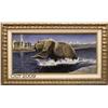 Image 1 : Medium size color oil painting of a bear in water  that would benefit from a careful cleaning