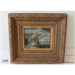 Oil on panel, "Town in Winter" 9.5x7.5 Dutch 20th  century, signed lower right, condition, excellent