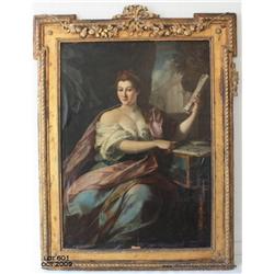 Oil on canvas laid down on board, "Lady Holding  Sheet Music", 38"x53", Italian 18th century, fair  