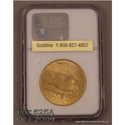 St. Gauden’s Twenty Dollar gold piece dated 1908  (no motto) NGC graded MS63 in slab.  Est.:   $1,10