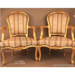 Pair of gold gilt Louis XV arm chairs with floral  stripped brocade silk upholstery, very good plus 