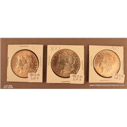 Lot of 3 Morgan Silver dollars dated 1887.  Not  professionally graded.  MS-60 or better.  Est.  $10