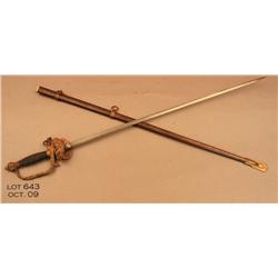 Fancy hilt Model 1860 style officers sword and  metal scabbard, approx. 38” overall.  The etched  bl