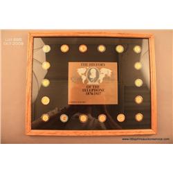 Framed set of pins entitled "History of the  Telephone".  Completed set of 18 collector pins.   Est.