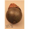 Image 1 : Interesting antique iron Howitzer ball, approx. 5”  in diameter with old wood plug that fits the  ba