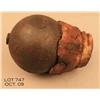 Image 2 : Interesting antique iron Howitzer ball, approx. 5”  in diameter with old wood plug that fits the  ba