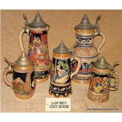 Lot of five ornate European beer steins including  two large steins, each approx. 14” in height, wit