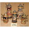 Image 1 : Lot of five ornate European beer steins including  two large steins, each approx. 14” in height, wit