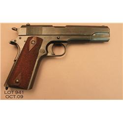 U.S. Property Colt Model 1911 semi-auto pistol,  .45 cal., 5” barrel, blue finish, checkered  diamon