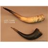 Image 1 : Lot of two old powder horns including an old  buffalo horn, approx. 12” overall with some worm  dama