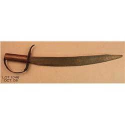 Interesting D guard bowie style knife, approx. 20”  overall with 16” iron blade showing a dark brown