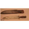 Image 1 : Massive copy of a clip point bowie knife with  heavy leather riveted sheath, approx. 18-1/2”  overal