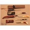 Image 1 : Lot of 5 misc. knives including a Bear Damascus  blade folder with stag scales in Bear MGC marked  b