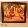 Image 1 : Framed oil on canvas painting of Indians and two  frontiersmen conducting a trading session for  pai