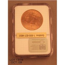 St. Gauden’s Twenty Dollar gold piece dated 1908  (no motto) NGC graded MS63 in slab.  Est.:   $1,10