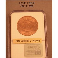 St. Gauden’s Twenty Dollar gold piece dated 1908  (no motto) NGC graded MS63 in slab.  Est.:   $1,10