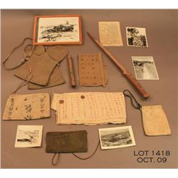 Misc. Japanese WWII lot - 1000 stitch belt, dirty  bag, prayer item, gloves, photos, envelope, Jap. 