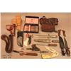 Image 1 : Misc. box lot of leather, knives and assorted  items including a small mult-function set of  pliers,