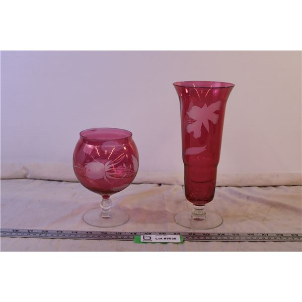 (2) Pink Etched Vases