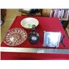 Image 1 : RCMP picture, glass plate, medicine hat bowl + whiskey bottle