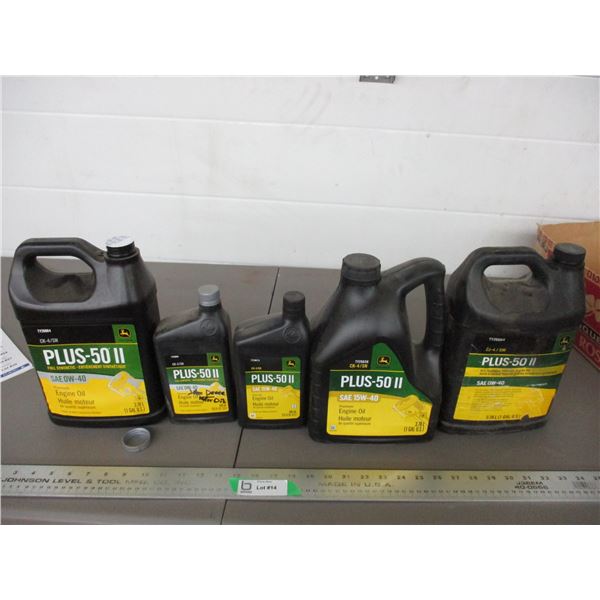 John Deere oils 3 full, 2 partial Bodnarus Auctioneering