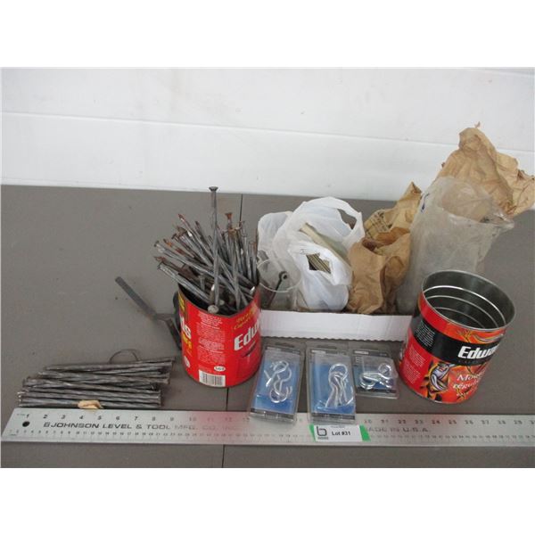 8" nails, screw hooks, misc screws + nails