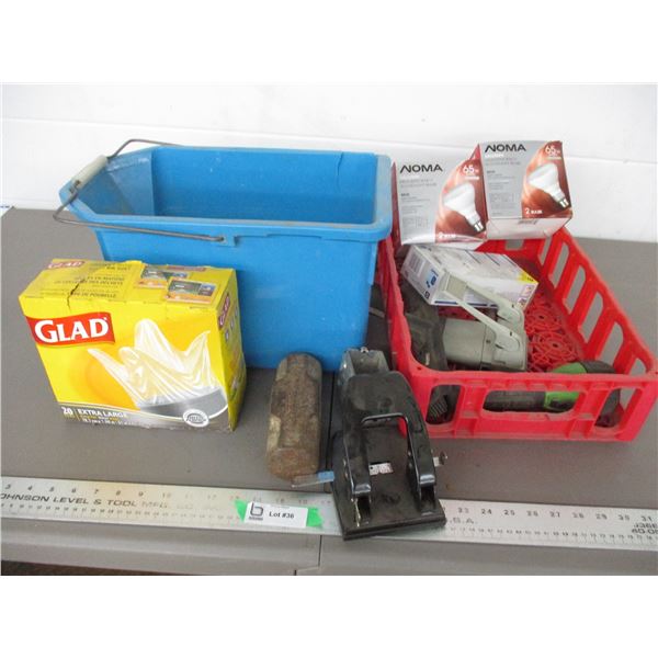 Sledgehammer head, glass bags, misc