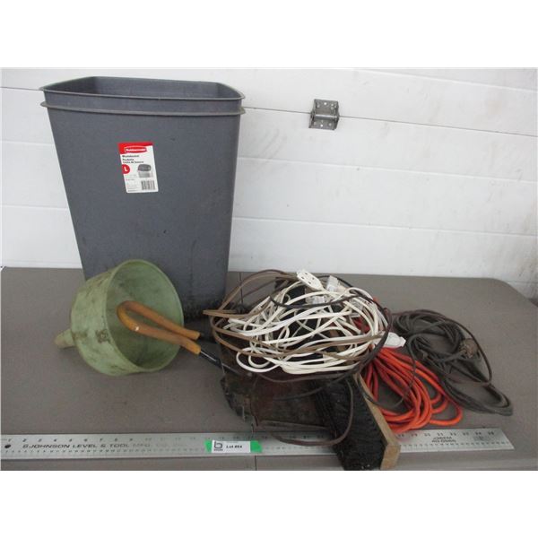 Rubbermaid basket, extension cords, misc