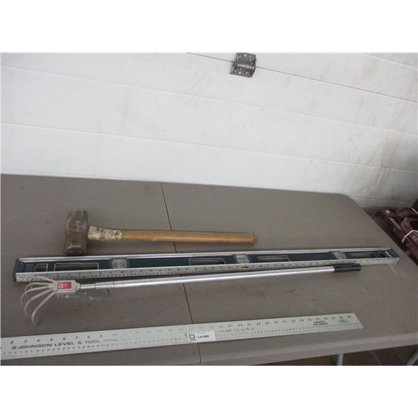 4ft level, scoop, rake, sledge hammer