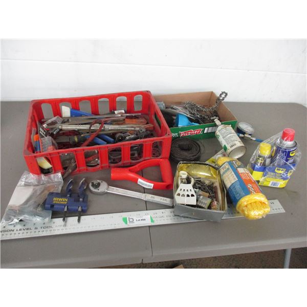 Ratchet, drill bits, files, rope, misc