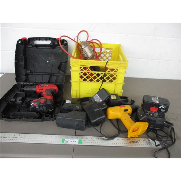 Drills, chargers, batteries + trouble light