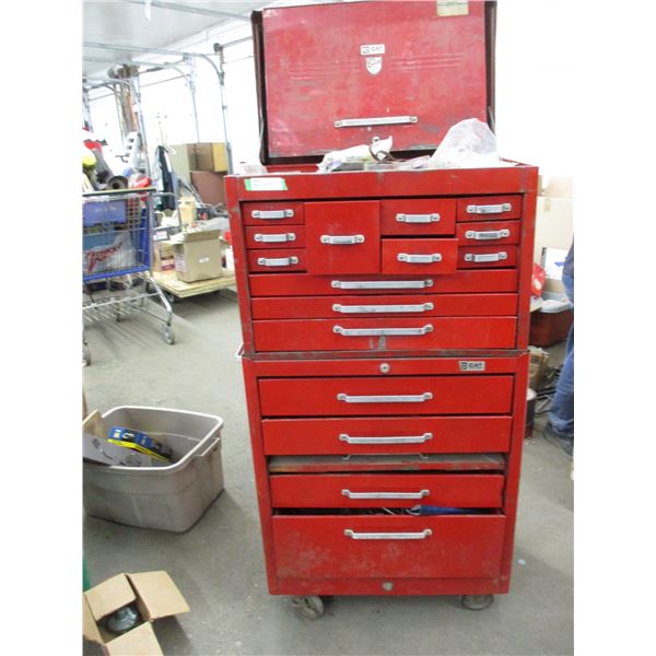 Beach tool box with tools with key on casters 2-piece