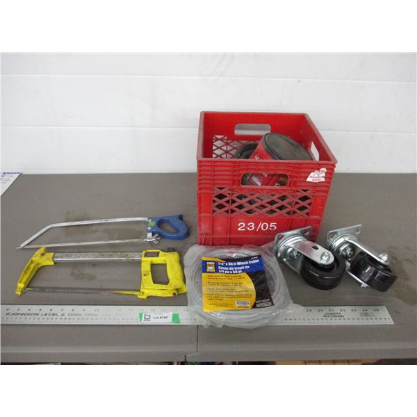 50 ft winch cable (new), hand saws, casters