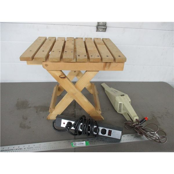 Wooden folding table, power bar, tidi vac
