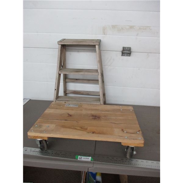 Wooden step stool, 4-wheel 900lb dolly
