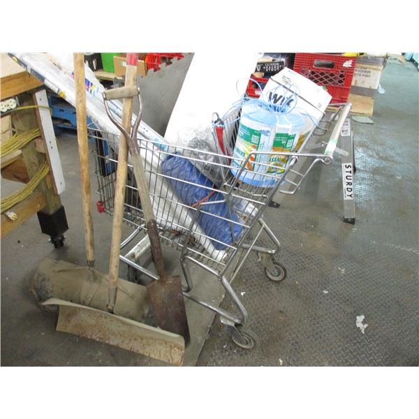 Shopping cart with plastic, Snow shovel, shovel, + misc