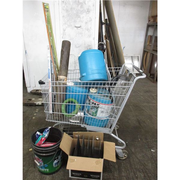 Shopping cart with 3 water containers, gutter flusher, am/fm antenna