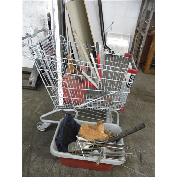 Shopping cart with gas can, branch cutter