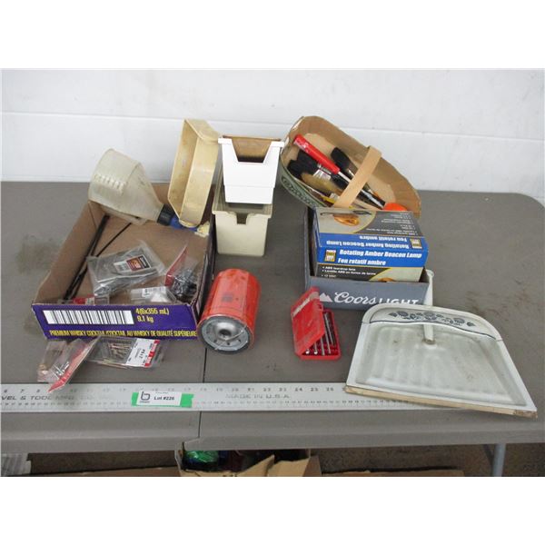 Rotating amber beacon light, screws, dust pan