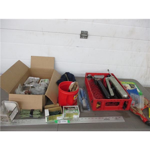 Grease guns, screws, wood chisel, misc