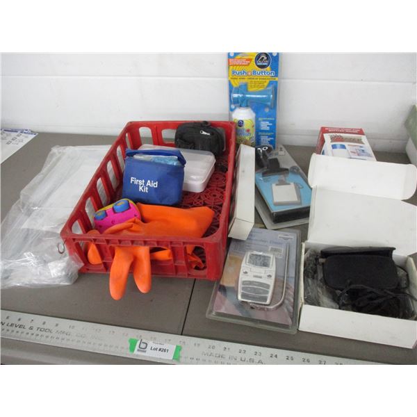 First aid kit, toilet paper holder, misc