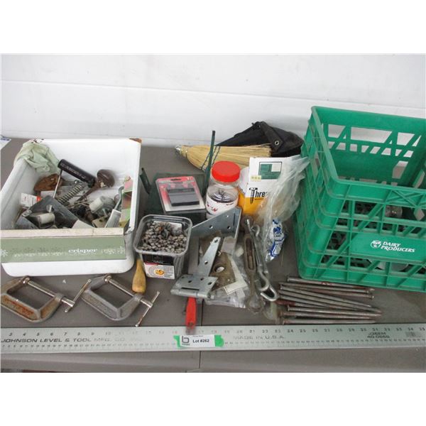 Clamps, 8" spikes, nails, screws