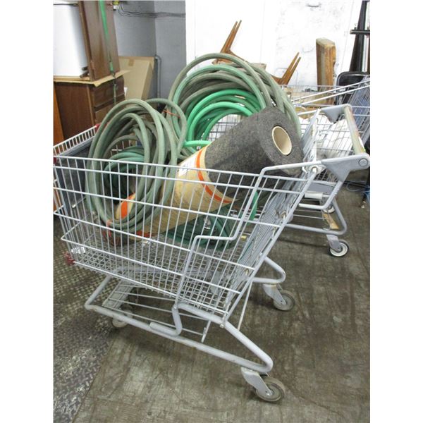 Shopping cart, roll of roofing black velvet, water hose