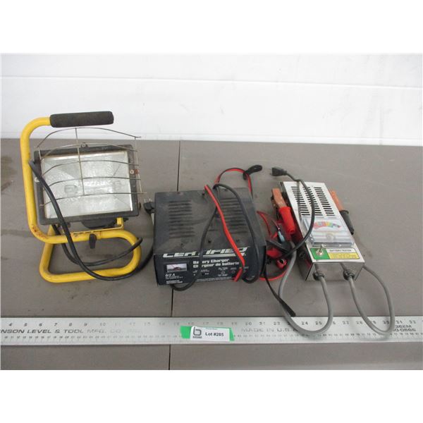 Battery load tester, battery charger, light